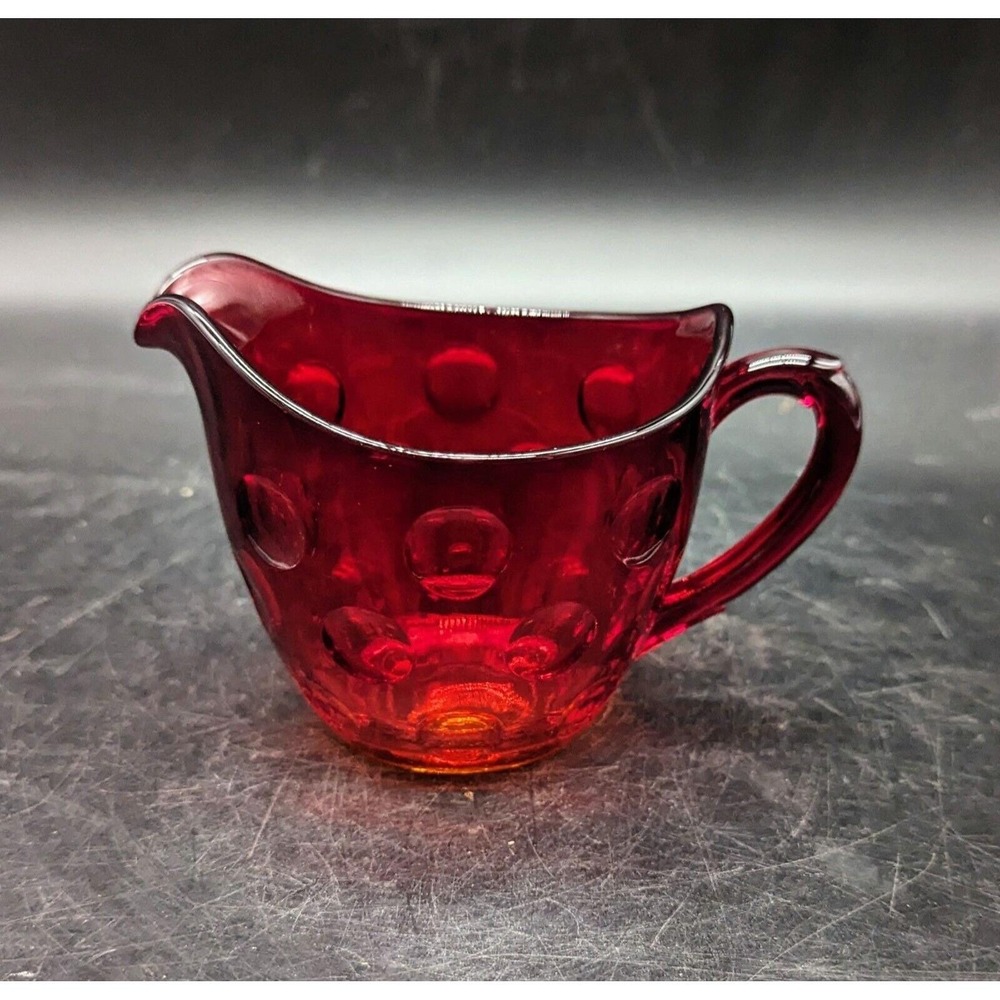 Vintage Ruby Red Amberina Glass Coin Dot Creamer Mini Pitcher 3"